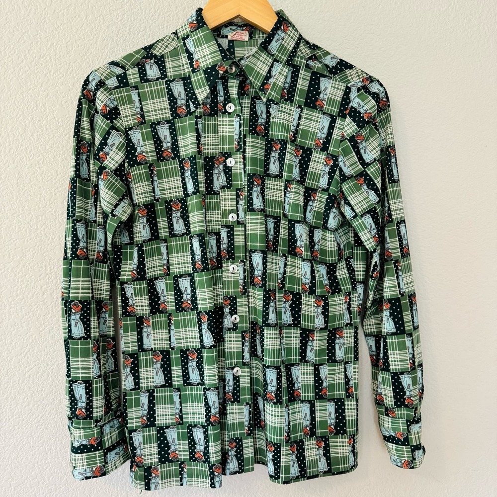 Vintage 70s novelty print dagger collar blouse Victorian ladies green blue S-M